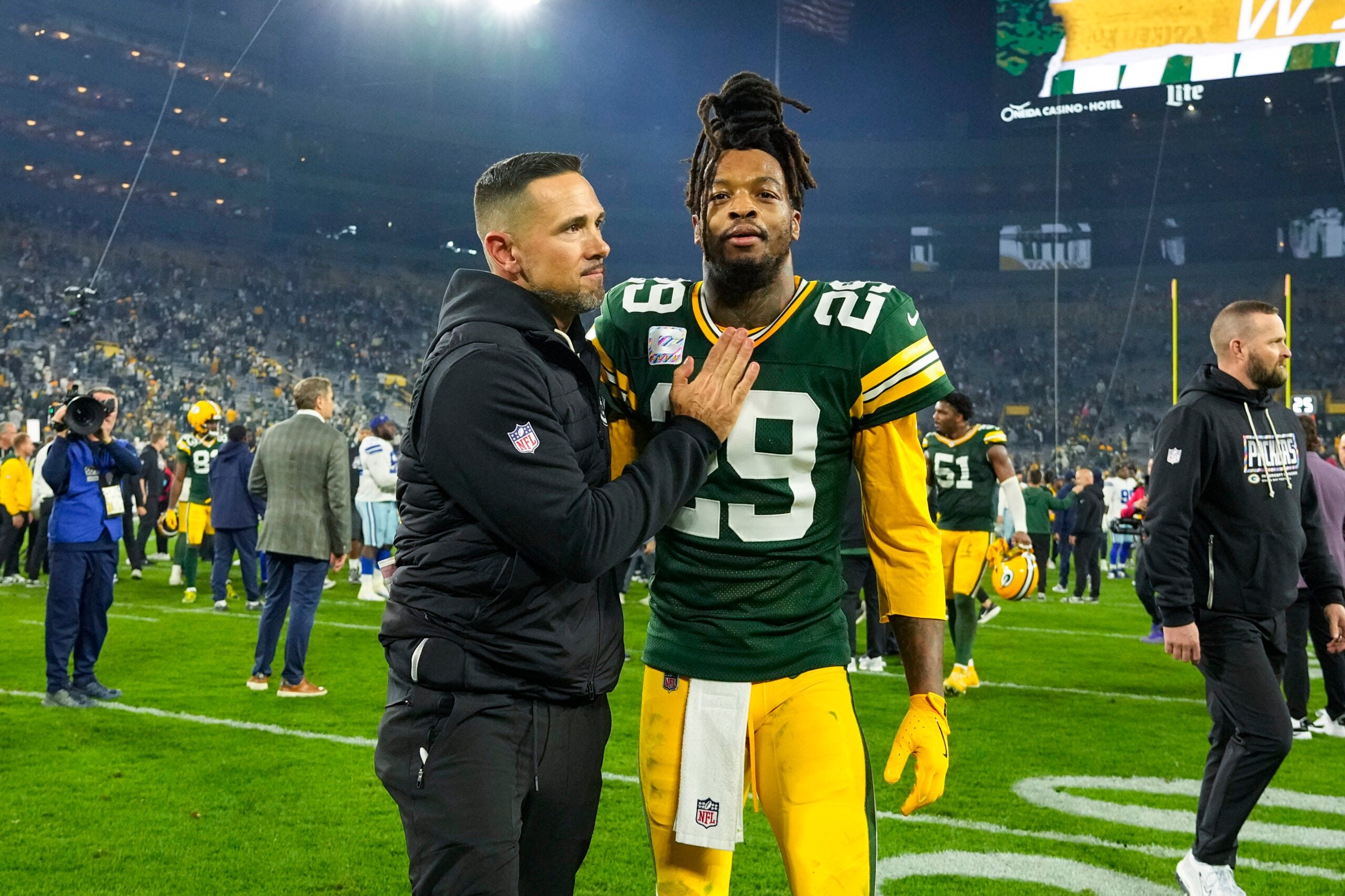 Oct 18, 2026; Green Bay, Wisconsin, USA; Green Bay Packers head coach Matt LaFleur greets safety Xavier McKinney (29) following the game against the Dallas Cowboys at Lambeau Field.