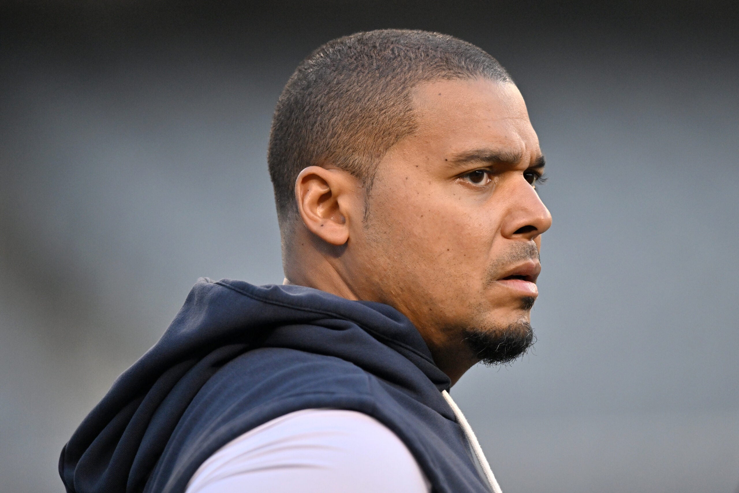 Oct 22, 2026; Chicago, Illinois, USA; Chicago Bears general manager Ryan Poles reacts prior to the game against the New England Patriots at Soldier Field.