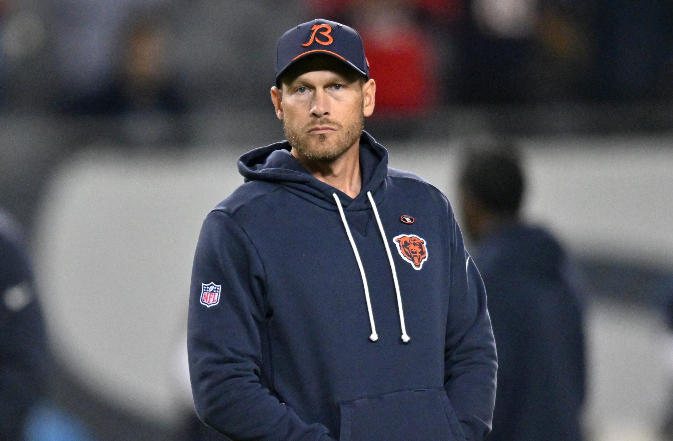 Oct 22, 2026; Chicago, Illinois, USA; Chicago Bears head coach Ben Johnson looks on prior to the game against the New England Patriots at Soldier Field.