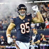 Oct 22, 2026; Chicago, Illinois, USA; Chicago Bears tight end Cole Kmet (85) takes the field prior to the game against the New England Patriots at Soldier Field.