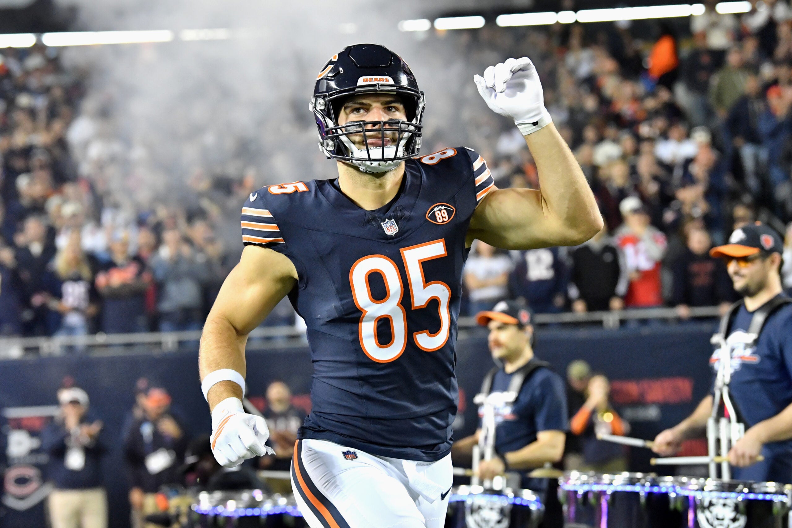 Oct 22, 2026; Chicago, Illinois, USA; Chicago Bears tight end Cole Kmet (85) takes the field prior to the game against the New England Patriots at Soldier Field.