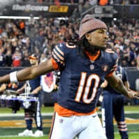 Oct 22, 2026; Chicago, Illinois, USA; Chicago Bears wide receiver Luther Burden III (10) takes the field prior to the game against the New England Patriots at Soldier Field.