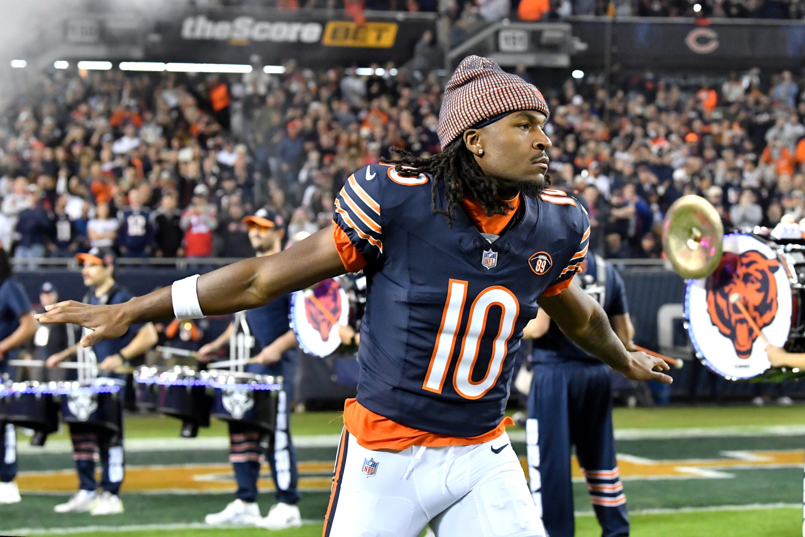 Oct 22, 2026; Chicago, Illinois, USA; Chicago Bears wide receiver Luther Burden III (10) takes the field prior to the game against the New England Patriots at Soldier Field.