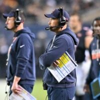 Oct 22, 2026; Chicago, Illinois, USA; Chicago Bears head coach Ben Johnson looks on during the first half against the New England Patriots at Soldier Field.