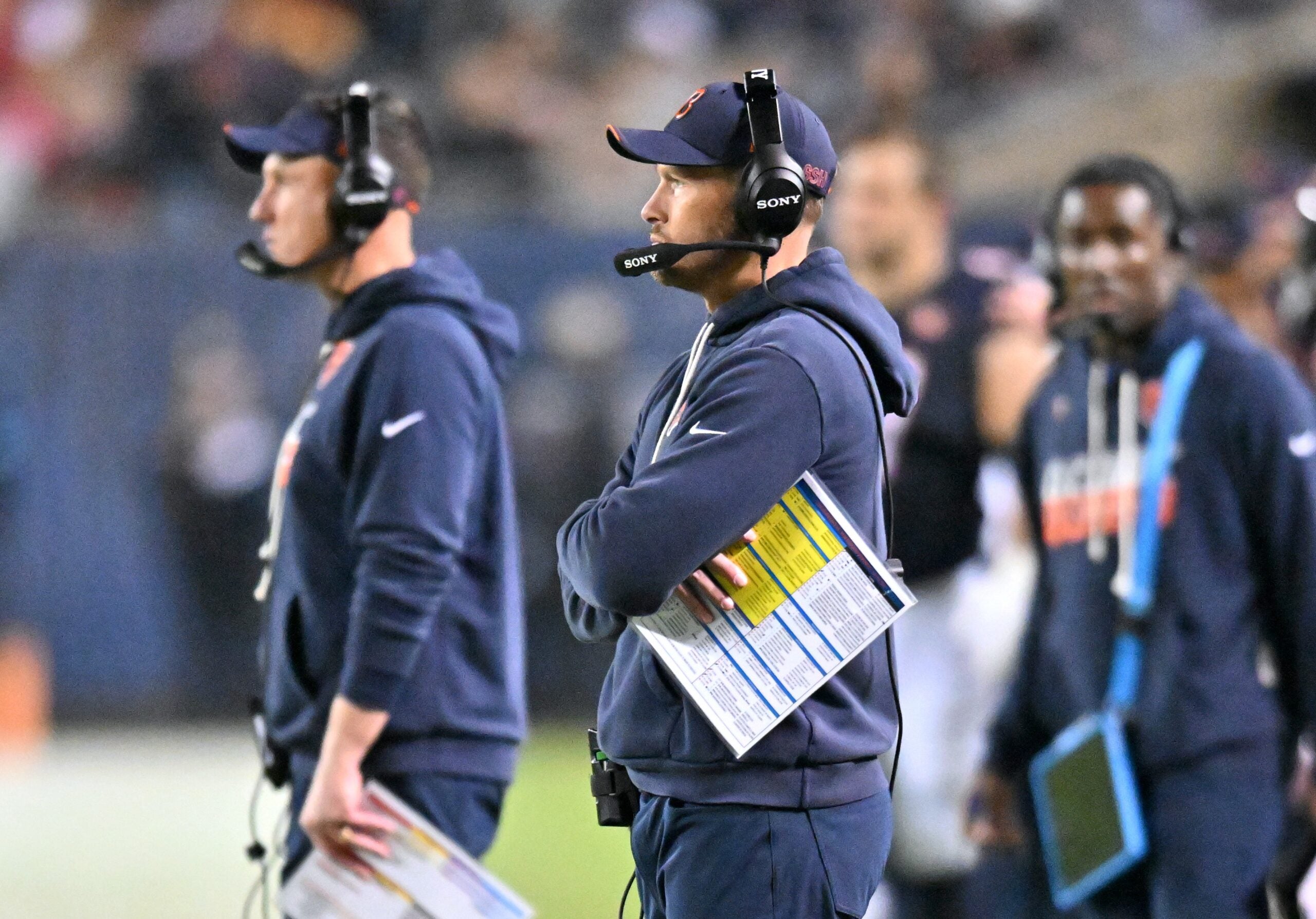 Oct 22, 2026; Chicago, Illinois, USA; Chicago Bears head coach Ben Johnson looks on during the first half against the New England Patriots at Soldier Field.
