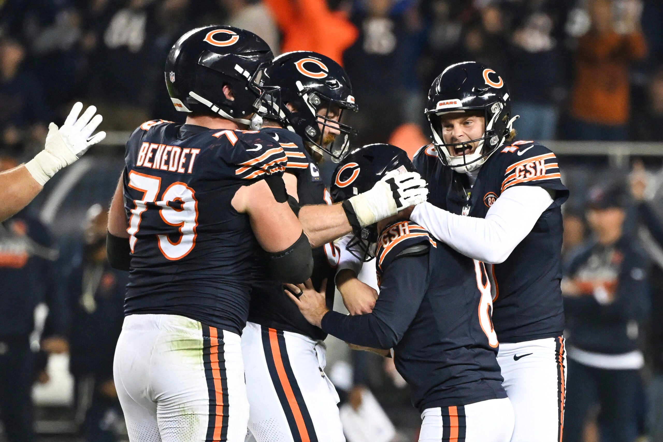 Oct 22, 2026; Chicago, Illinois, USA; Chicago Bears place kicker Cairo Santos (8) celebrates with teammates after making a field goal against the New England Patriots during the fourth quarter at Soldier Field.