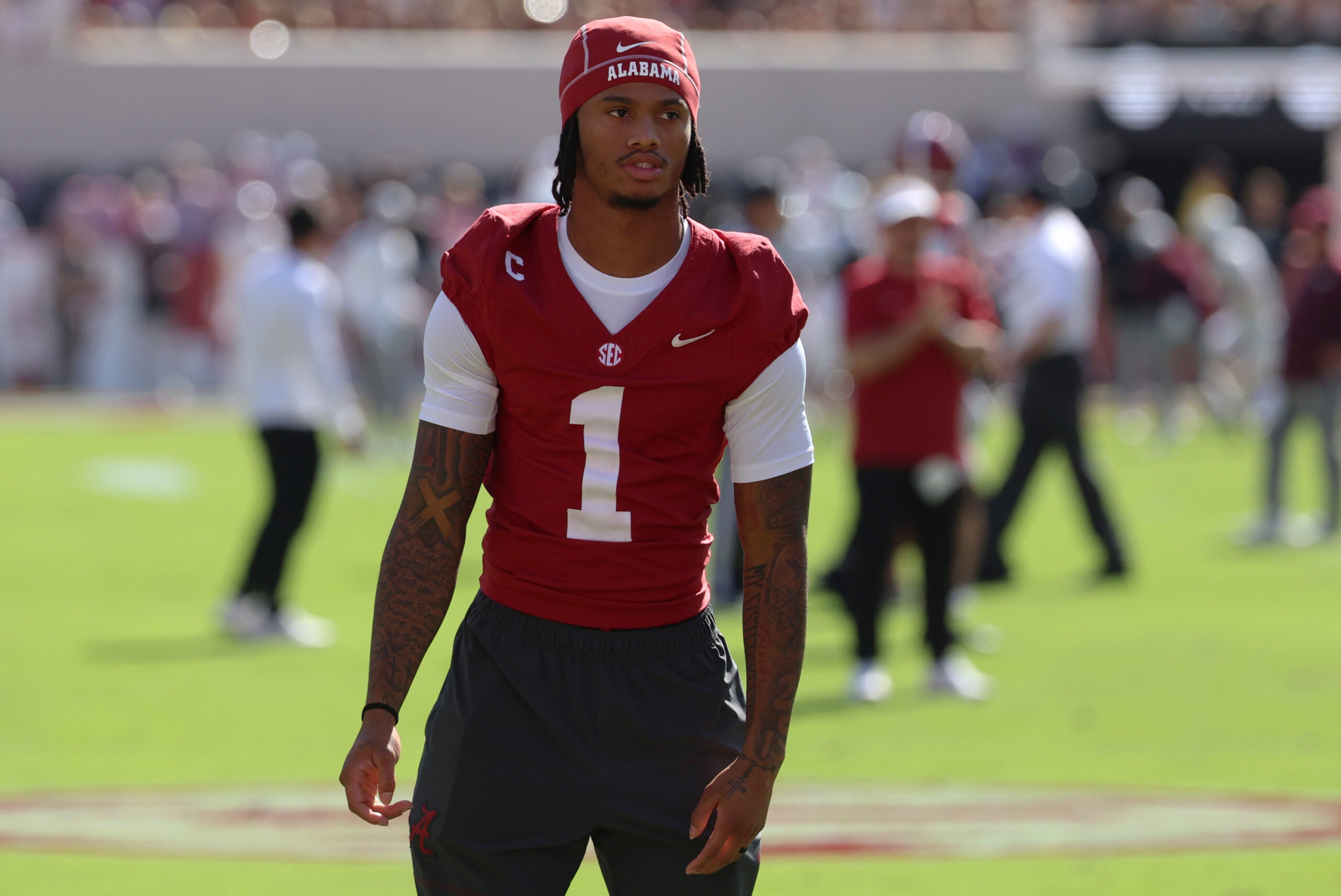Oct 24, 2026; Tuscaloosa, Alabama, USA; Alabama Crimson Tide wide receiver Ryan Coleman-Williams (1) is seen prior to the game against the Texas A&M Aggies at Saban Field at Bryant-Denny Stadium.
