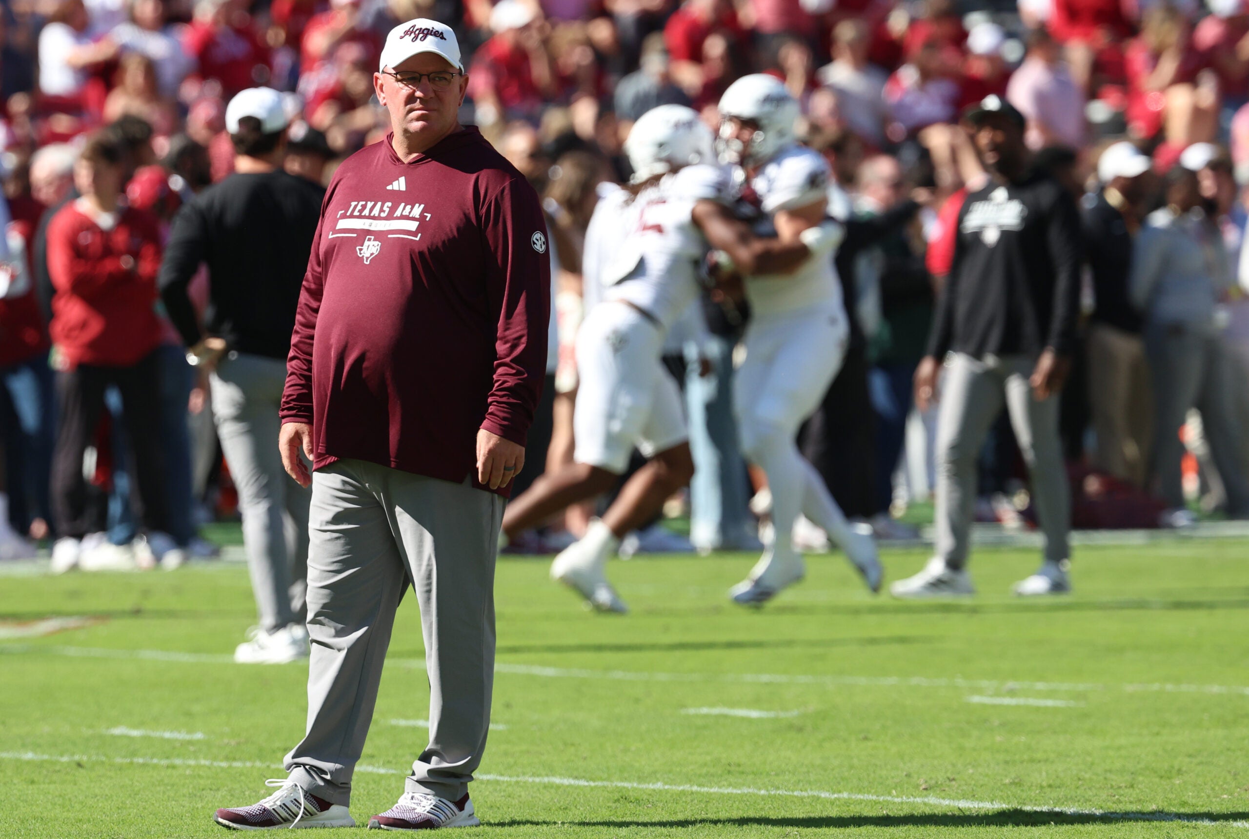 Oct 24, 2026; Tuscaloosa, Alabama, USA; Texas A&M Aggies head coach Mike Elko is seen prior to the game against the Alabama Crimson Tide at Saban Field at Bryant-Denny Stadium.