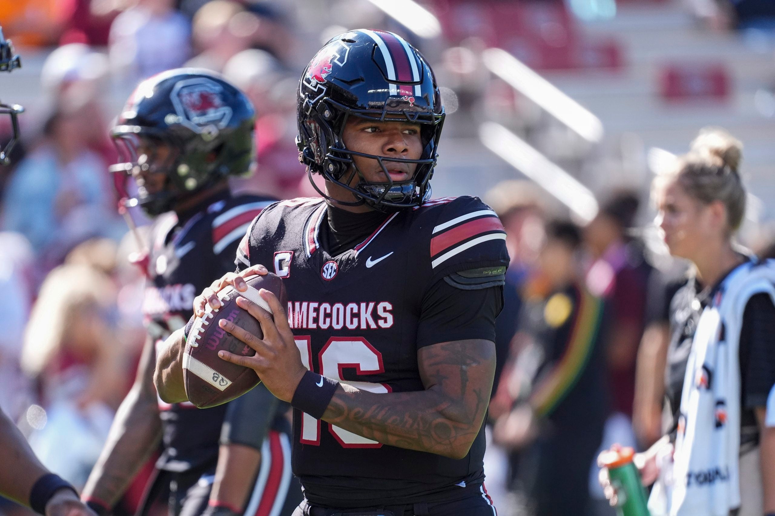 Oct 24, 2026; Columbia, South Carolina, USA; South Carolina Gamecocks quarterback LaNorris Sellers (16) during warm ups during the first half against the Tennessee Volunteers at Williams-Brice Stadium.