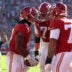 Oct 24, 2026; Tuscaloosa, Alabama, USA; Alabama Crimson Tide running back Daniel Hill (4) celebrates with Alabama Crimson Tide offensive lineman Jackson Lloyd (77) and Alabama Crimson Tide offensive lineman Kaden Strayhorn (79) after scoring a touchdown against the Texas A&M Aggies during the first half at Saban Field at Bryant-Denny Stadium.