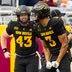 Oct 24, 2026; Tempe, Arizona, USA; Arizona State Sun Devils wide receiver Reed Harris (3) celebrates with Grayson Curtis (43) after catching a pass against the Kansas State Wildcats in the first half at Mountain America Stadium.