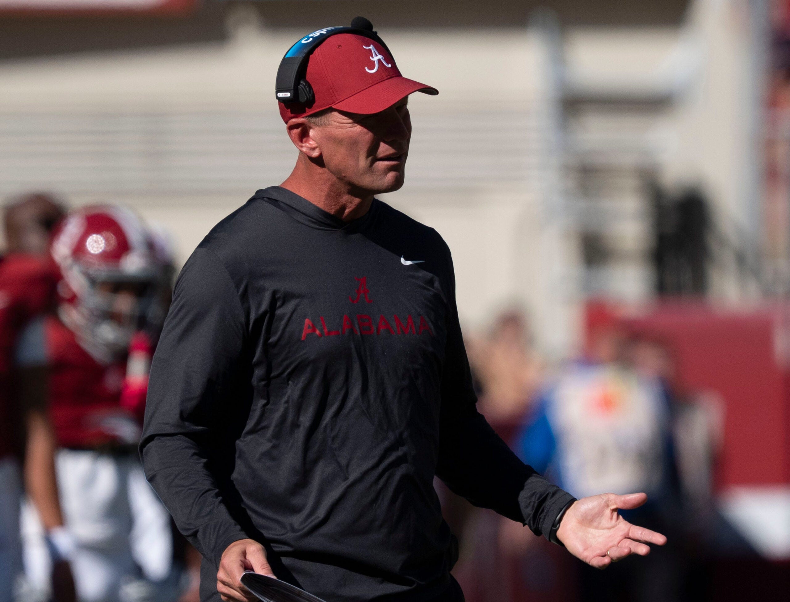 Oct 24, 2026; Tuscaloosa, AL, USA; Alabama head coach Kalen DeBoer reacts after Alabama Dijon Lee Jr. (5) was called for a personal foul during the game with Texas A&M at Saban Field at Bryant Denny Stadium.