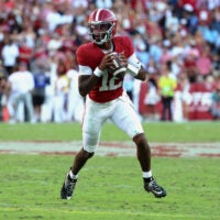 Oct 24, 2026; Tuscaloosa, Alabama, USA; Alabama Crimson Tide quarterback Keelon Russell (12) surveys the field against the Texas A&M Aggies during the second half at Saban Field at Bryant-Denny Stadium.