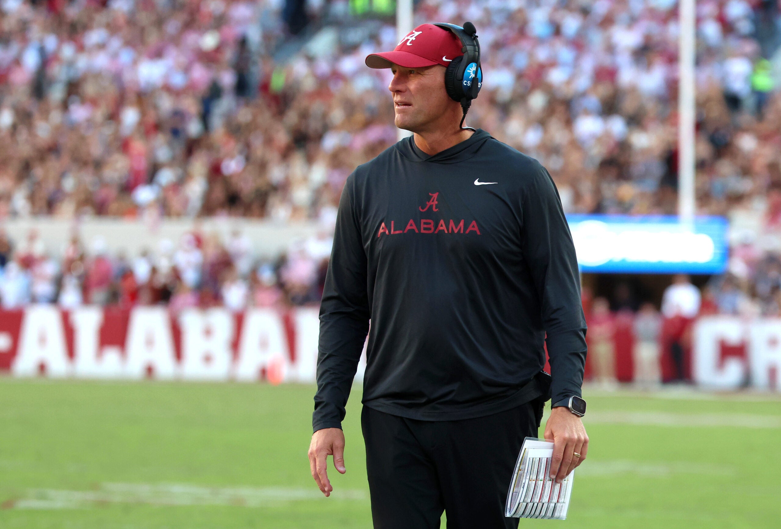 Oct 24, 2026; Tuscaloosa, Alabama, USA; Alabama Crimson Tide head coach Kalen DeBoer looks on against the Texas A&M Aggies during the second half at Saban Field at Bryant-Denny Stadium.