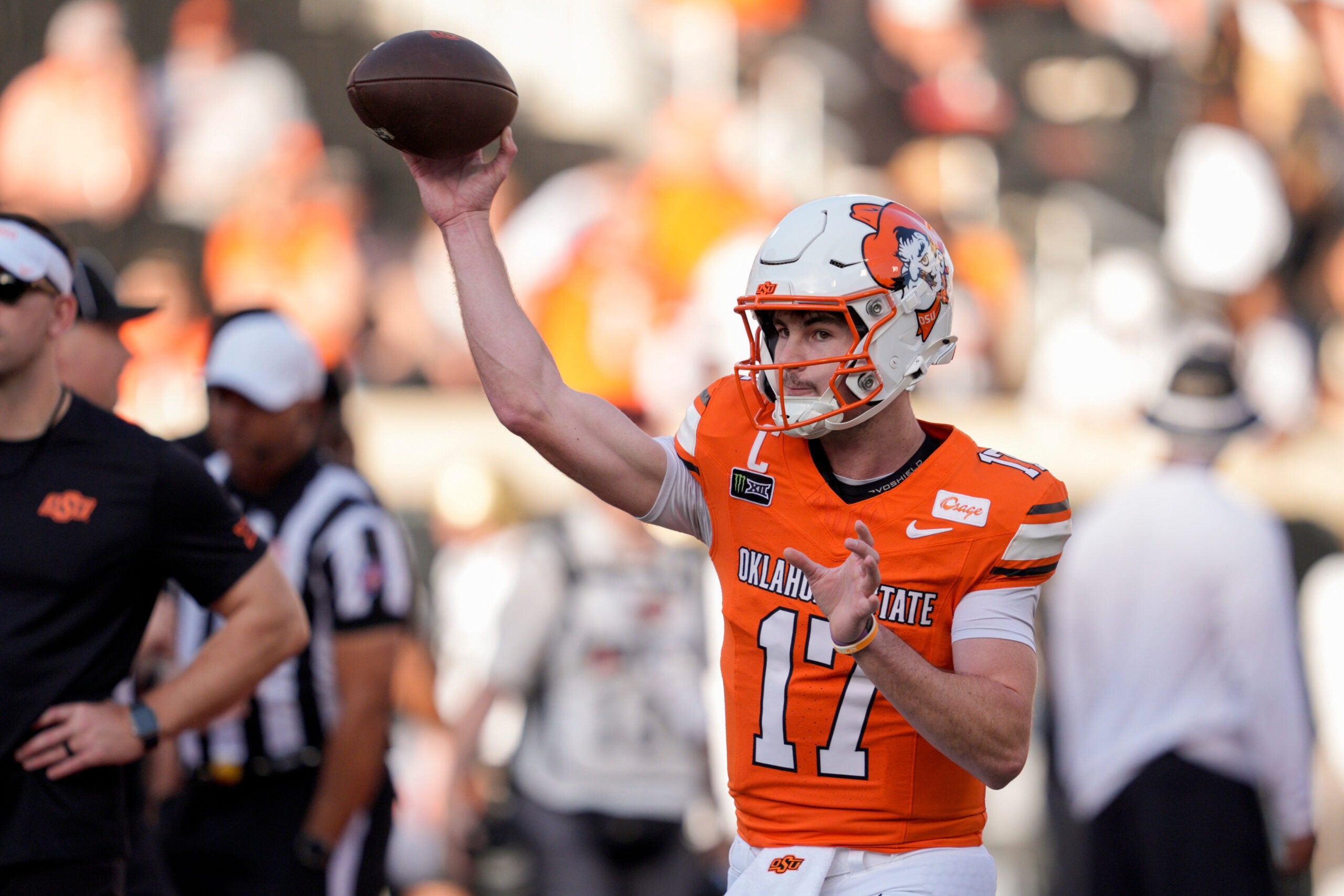 Oklahoma State Cowboys quarterback Drew Mestemaker (17) warms up before a college football game between the Oklahoma State Cowboys (OSU) and the Colorado Buffaloes at Boone Pickens Stadium in Stillwater, Okla., Saturday, Oct. 24, 2026.
