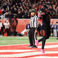 Oct 24, 2026; Salt Lake City, Utah, USA; Utah Utes running back Wayshawn Parker (1) celebrates after scoring a touchdown during the fourth quarter against the Houston Cougars at Rice-Eccles Stadium.