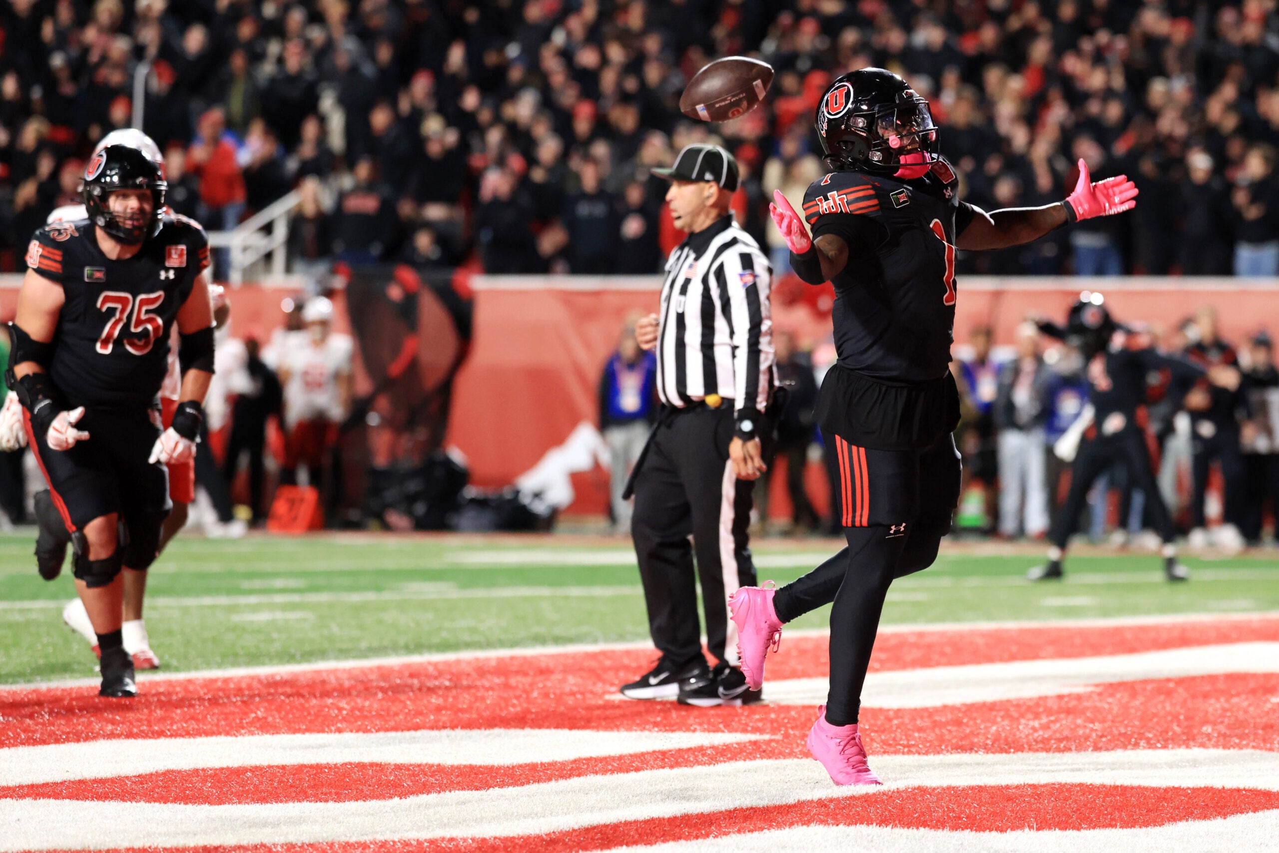 Oct 24, 2026; Salt Lake City, Utah, USA; Utah Utes running back Wayshawn Parker (1) celebrates after scoring a touchdown during the fourth quarter against the Houston Cougars at Rice-Eccles Stadium.