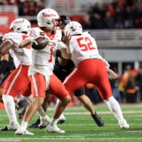 Oct 24, 2026; Salt Lake City, Utah, USA; Houston Cougars quarterback Conner Weigman (1) throws a pass during the fourth quarter against the Utah Utes at Rice-Eccles Stadium.