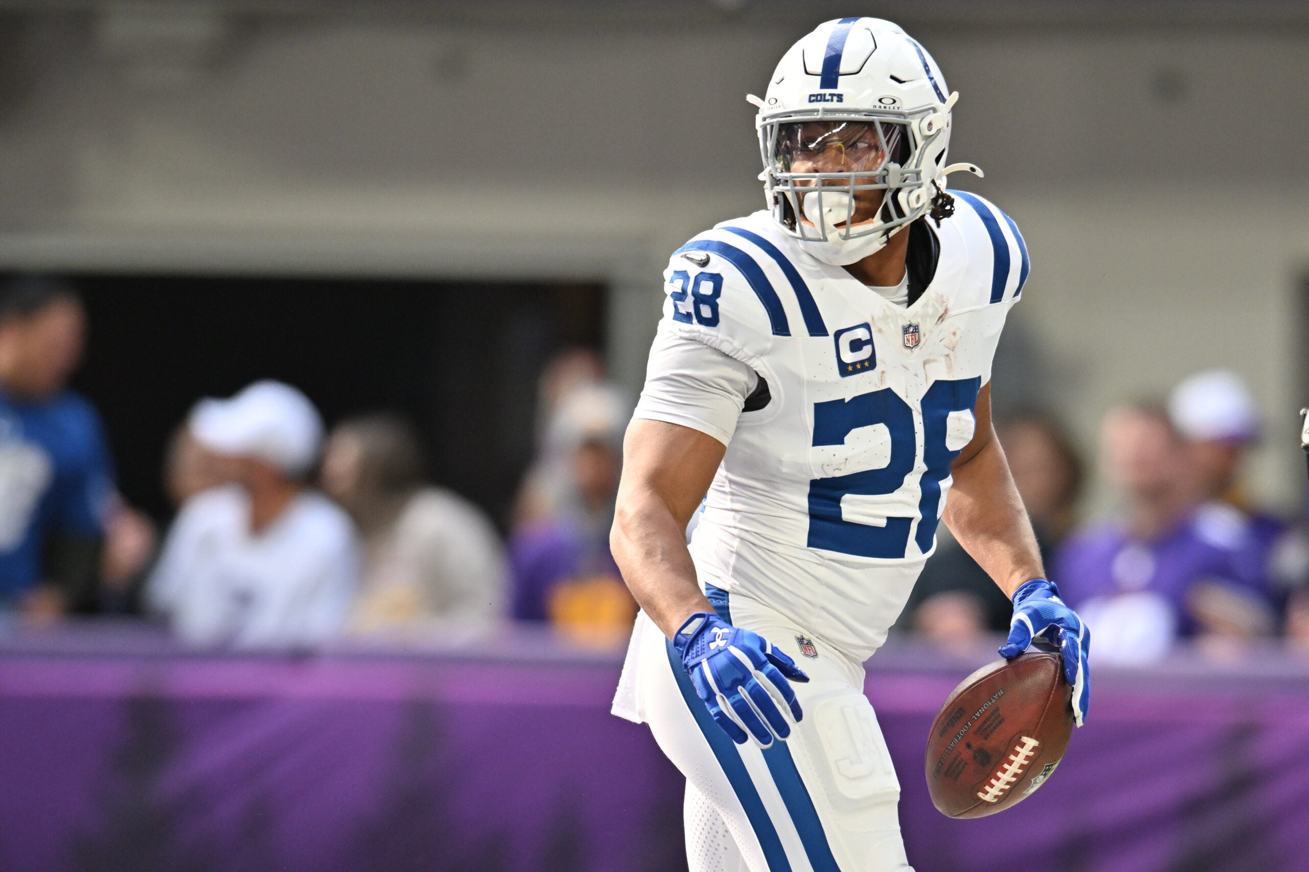 Oct 25, 2026; Minneapolis, Minnesota, USA; Indianapolis Colts running back Jonathan Taylor (28) reacts after rushing for a touchdown against the Minnesota Vikings in the first half at U.S. Bank Stadium.