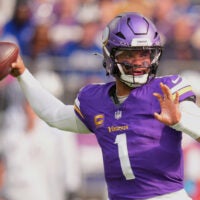 Oct 25, 2026; Minneapolis, Minnesota, USA; Minnesota Vikings quarterback Kyler Murray (1) drops back to pass against the Indianapolis Colts in the first half at U.S. Bank Stadium.
