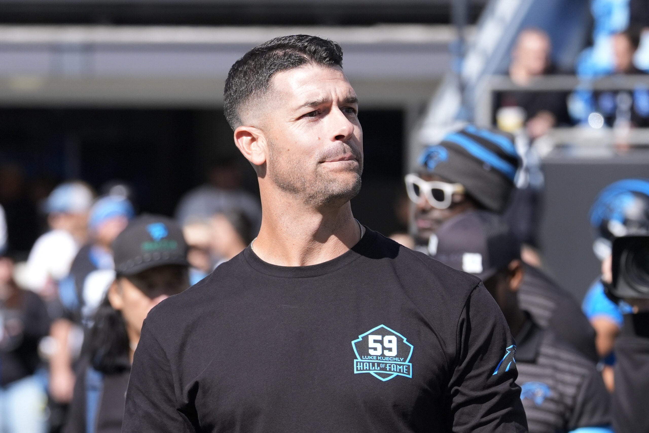 Oct 25, 2026; Charlotte, North Carolina, USA; Carolina Panthers head coach Dave Canales looks on before the game against the Tampa Bay Buccaneers at Bank of America Stadium.