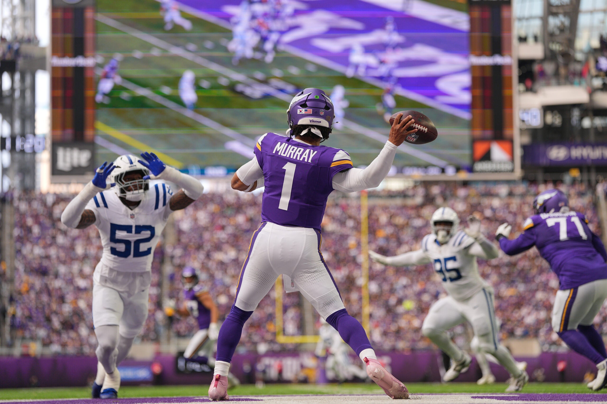 Oct 25, 2026; Minneapolis, Minnesota, USA; Minnesota Vikings quarterback Kyler Murray (1) drops back to pass against the Indianapolis Colts in the first half at U.S. Bank Stadium.
