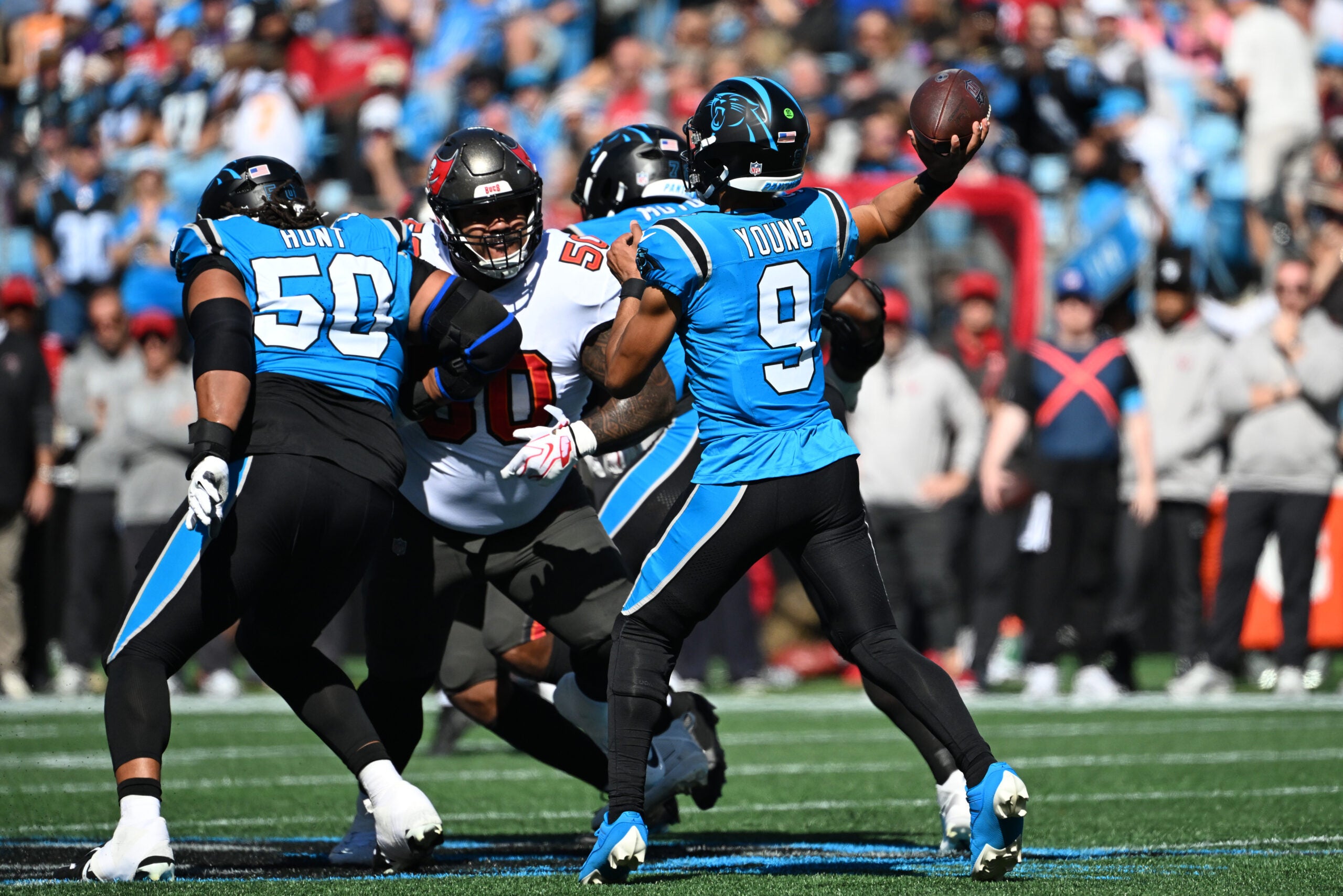 Oct 25, 2026; Charlotte, North Carolina, USA; Carolina Panthers quarterback Bryce Young (9) passes against the Tampa Bay Buccaneers during the first half at Bank of America Stadium.