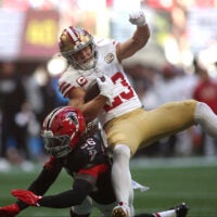 49ers RB Christian McCaffrey has left the Falcons game with a thigh injury.