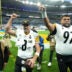 Oct 25, 2026; Paris, FRA; Pittsburgh Steelers quarterback Aaron Rodgers (8) and defensive tackle Cameron Heyward (97) wave to fans as they leave the field after defeating the New Orleans Saints at Stade de France Stadium.
