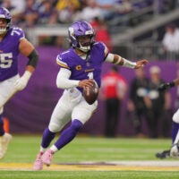 Oct 25, 2026; Minneapolis, Minnesota, USA; Minnesota Vikings quarterback Kyler Murray (1) rushes the ball against the Indianapolis Colts in the second half at U.S. Bank Stadium.