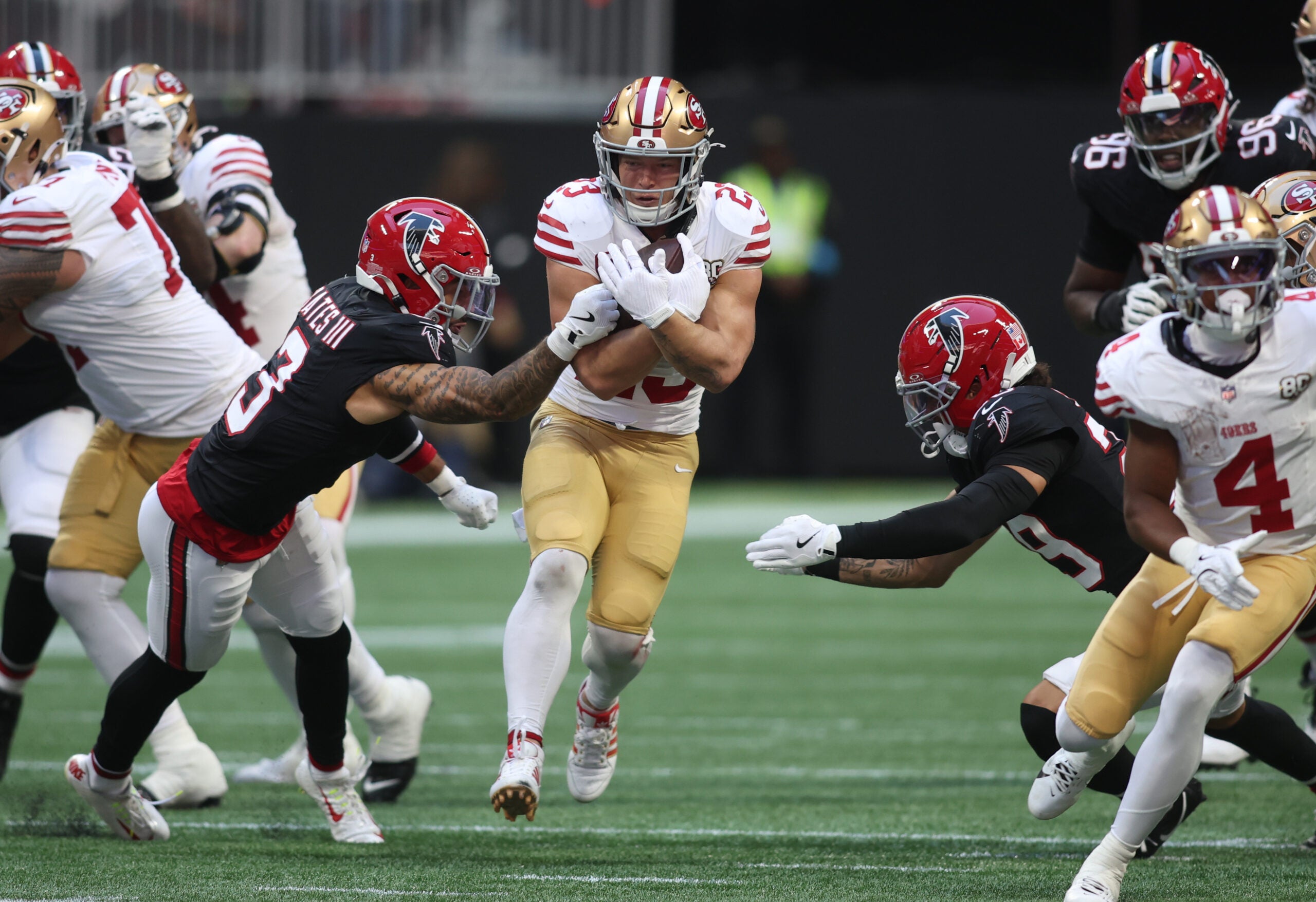 San Francisco 49ers RB Christian McCaffrey has a mild hamstring strain.
