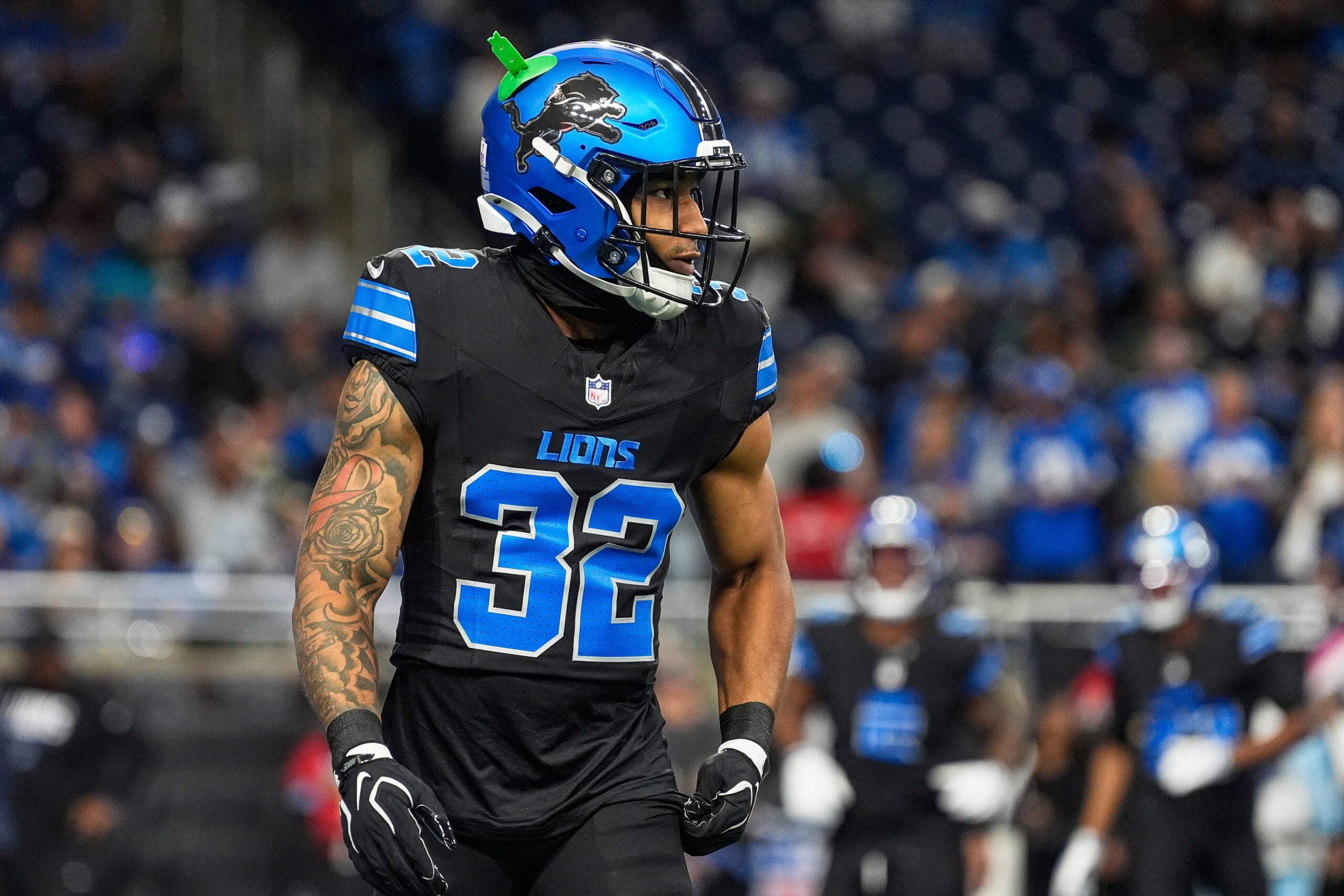 Detroit Lions defensive back Brian Branch (32) warms up ahead of the game between Detroit Lions and Green Bay Packers at Ford Field in Detroit on Sunday, Oct. 25, 2026.