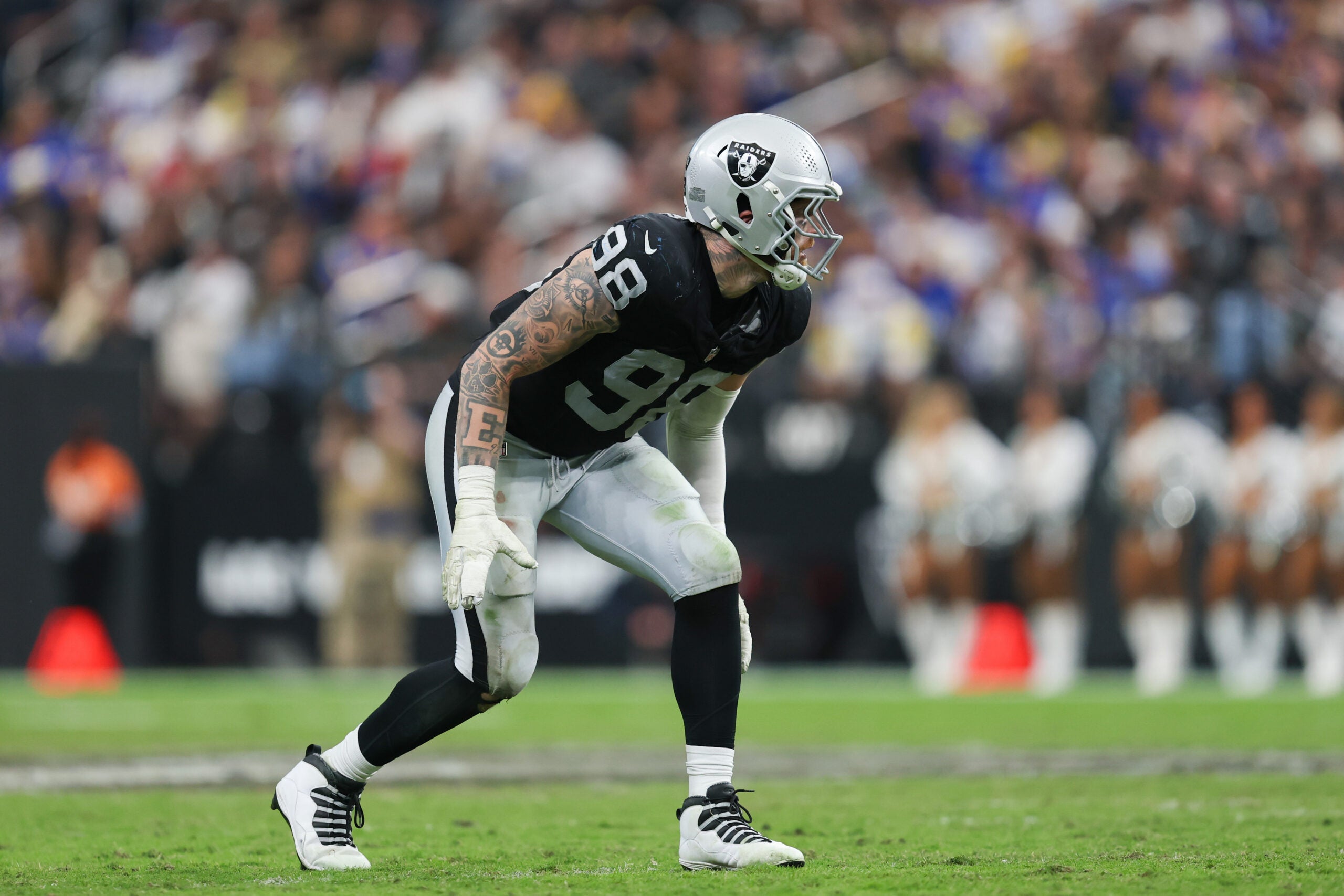 Oct 25, 2026; Paradise, Nevada, USA; Las Vegas Raiders defensive end Maxx Crosby (98) lines up before the snap during the second half against the Los Angeles Rams at Allegiant Stadium.