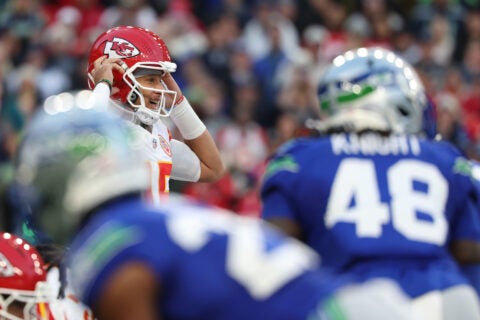 Oct 25, 2026; Seattle, Washington, USA; Kansas City Chiefs quarterback Patrick Mahomes (15) calls a play at the line of scrimmage against the Seattle Seahawks during the first quarter at Lumen Field. Joe Nicholson-Imagn Images