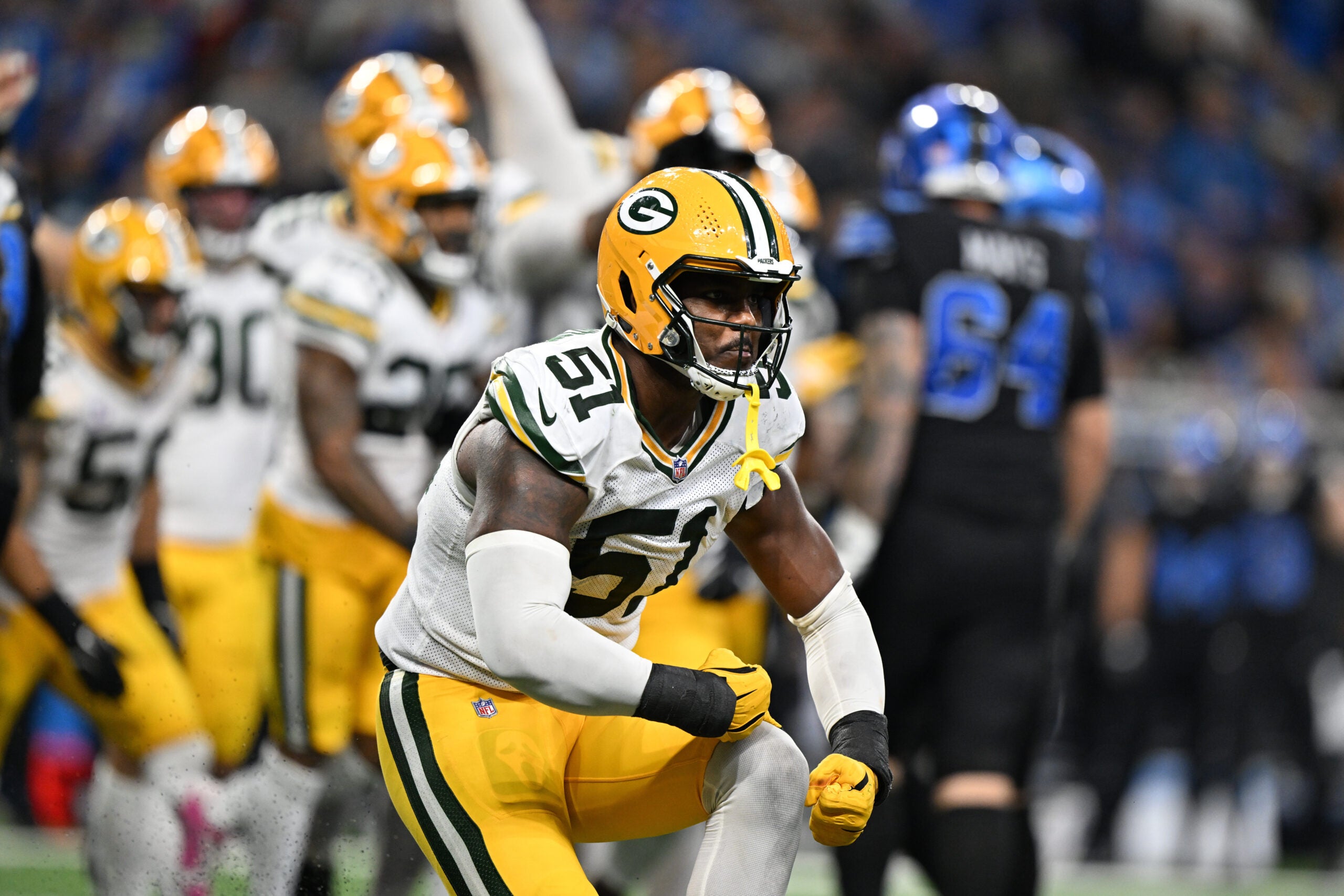 Oct 25, 2026; Detroit, Michigan, USA; Green Bay Packers defensive end Dani Dennis-Sutton (51) reacts during the fourth quarter against the Detroit Lions at Ford Field.