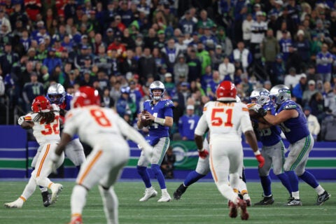 Oct 25, 2026; Seattle, Washington, USA; Seattle Seahawks quarterback Sam Darnold (14) looks to pass the ball against the Kansas City Chiefs during the fourth quarter at Lumen Field. Joe Nicholson-Imagn Images