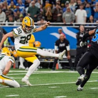 Green Bay Packers kicker Trey Smack (28) misses a field goal against Detroit Lions during the second half at Ford Field in Detroit on Sunday, Oct. 25, 2026.