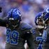 Indianapolis Colts defensive tackle DeForest Buckner (99) celebrates a tackle Sunday, Sept. 27, 2026, during a game against the Houston Texans at Lucas Oil Stadium in Indianapolis.
