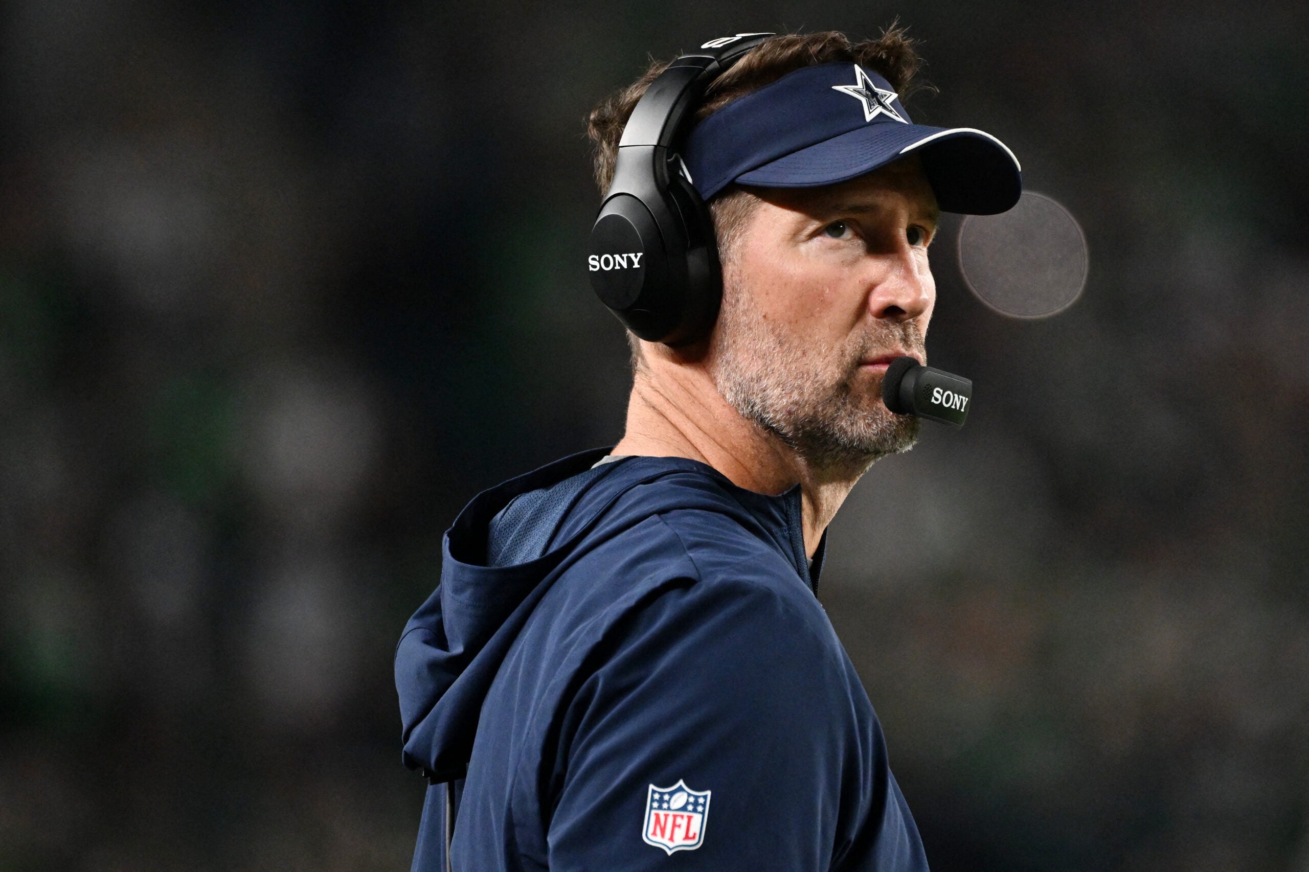 Oct 26, 2026; Philadelphia, Pennsylvania, USA; Dallas Cowboys head coach Brian Schottenheimer looks on during the first quarter against the Philadelphia Eagles at Lincoln Financial Field.