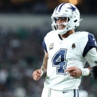 Oct 26, 2026; Philadelphia, Pennsylvania, USA; Dallas Cowboys quarterback Dak Prescott (4) celebrates a touchdown during the first quarter against the Philadelphia Eagles at Lincoln Financial Field.
