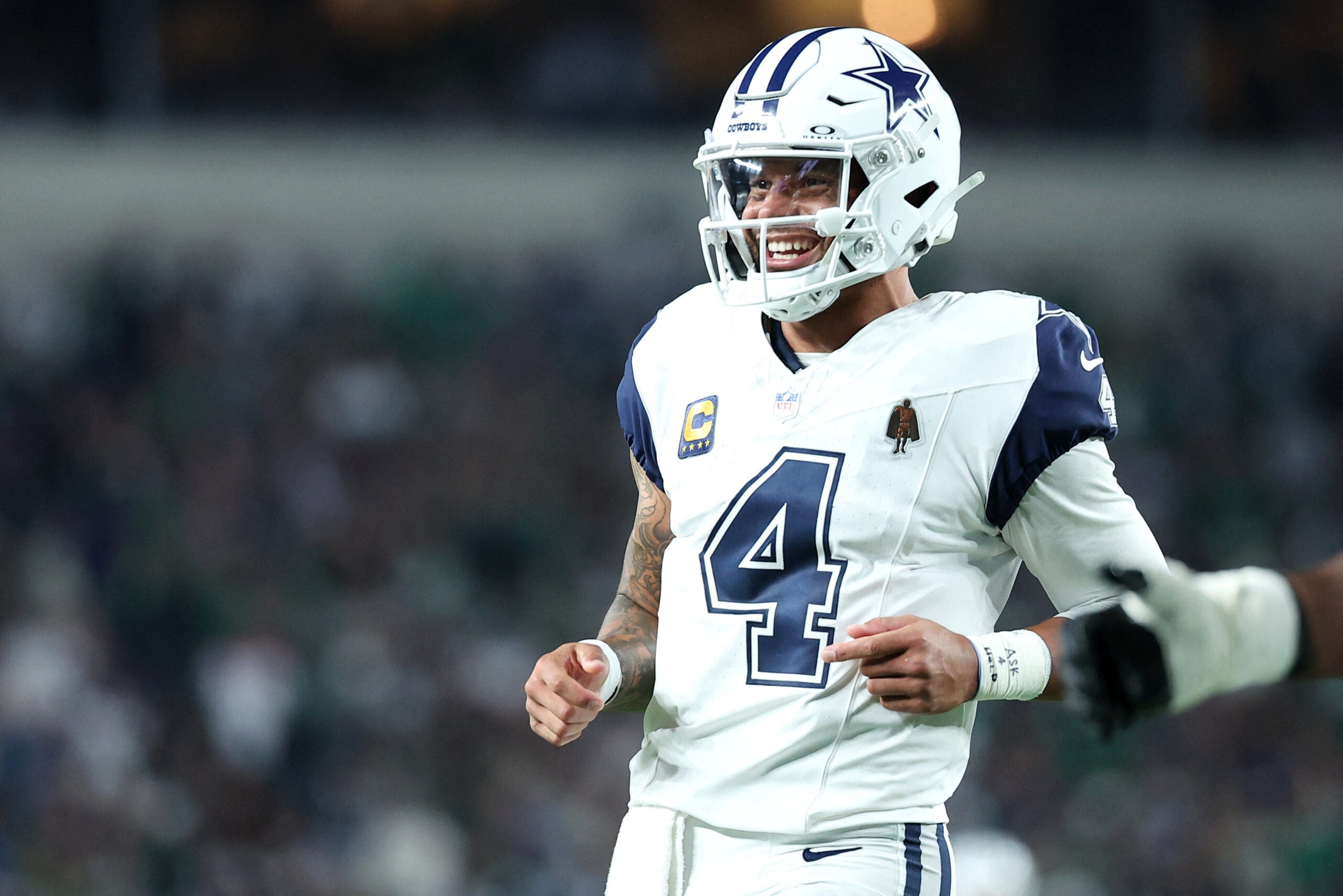 Oct 26, 2026; Philadelphia, Pennsylvania, USA; Dallas Cowboys quarterback Dak Prescott (4) celebrates a touchdown during the first quarter against the Philadelphia Eagles at Lincoln Financial Field.