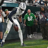 Oct 26, 2026; Philadelphia, Pennsylvania, USA; Dallas Cowboys wide receiver George Pickens (3) celebrates his touchdown catch against the Philadelphia Eagles during the second quarter at Lincoln Financial Field.