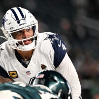 Oct 26, 2026; Philadelphia, Pennsylvania, USA; Dallas Cowboys quarterback Dak Prescott (4) calls a playb during the fourth quarter against the Philadelphia Eagles at Lincoln Financial Field.