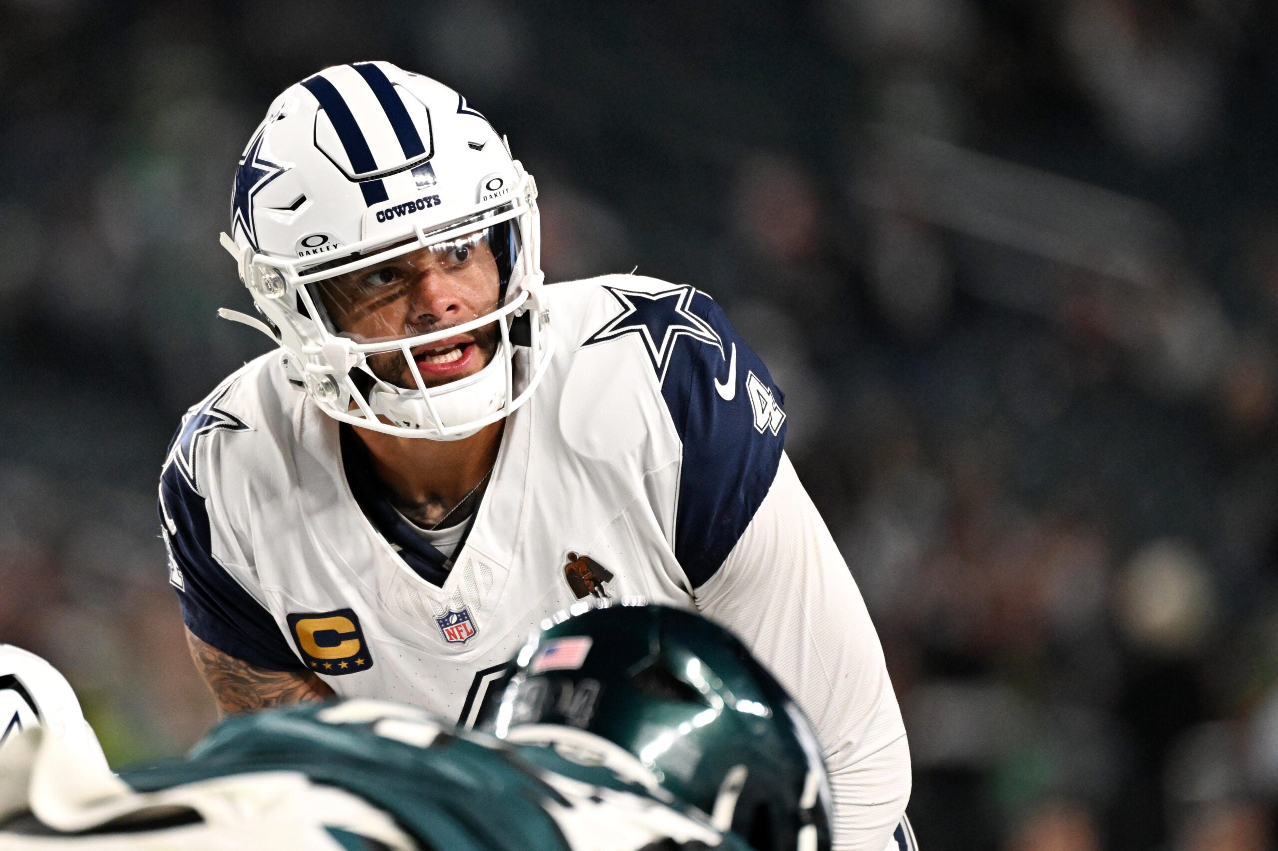 Oct 26, 2026; Philadelphia, Pennsylvania, USA; Dallas Cowboys quarterback Dak Prescott (4) calls a playb during the fourth quarter against the Philadelphia Eagles at Lincoln Financial Field.