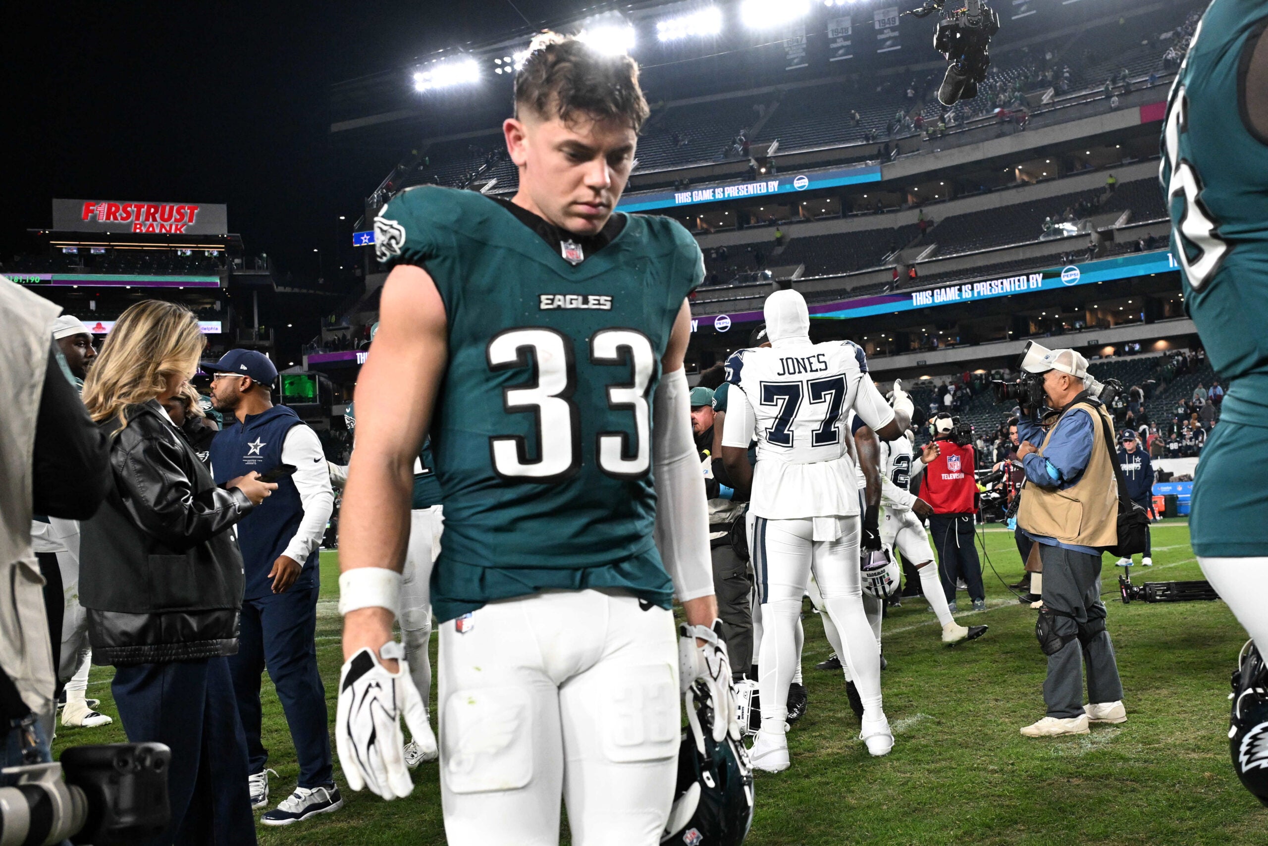 Oct 26, 2026; Philadelphia, Pennsylvania, USA; Philadelphia Eagles defensive back Cooper DeJean (33) looks on after the game against the Dallas Cowboys at Lincoln Financial Field.