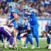 Detroit Lions quarterback Jared Goff (16) talks to center Graham Glasgow (60) before a play against Minnesota Vikings during the second half at Ford Field in Detroit on Sunday, November 2, 2025.