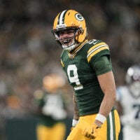 Oct 29, 2026; Green Bay, Wisconsin, USA; Green Bay Packers wide receiver Christian Watson (9) reacts against the Carolina Panthers at Lambeau Field.