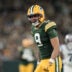 Oct 29, 2026; Green Bay, Wisconsin, USA; Green Bay Packers wide receiver Christian Watson (9) reacts against the Carolina Panthers at Lambeau Field.