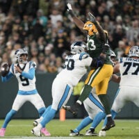 Oct 29, 2026; Green Bay, Wisconsin, USA; Carolina Panthers quarterback Bryce Young (9) drops back to pass against the Green Bay Packers in the second half at Lambeau Field.
