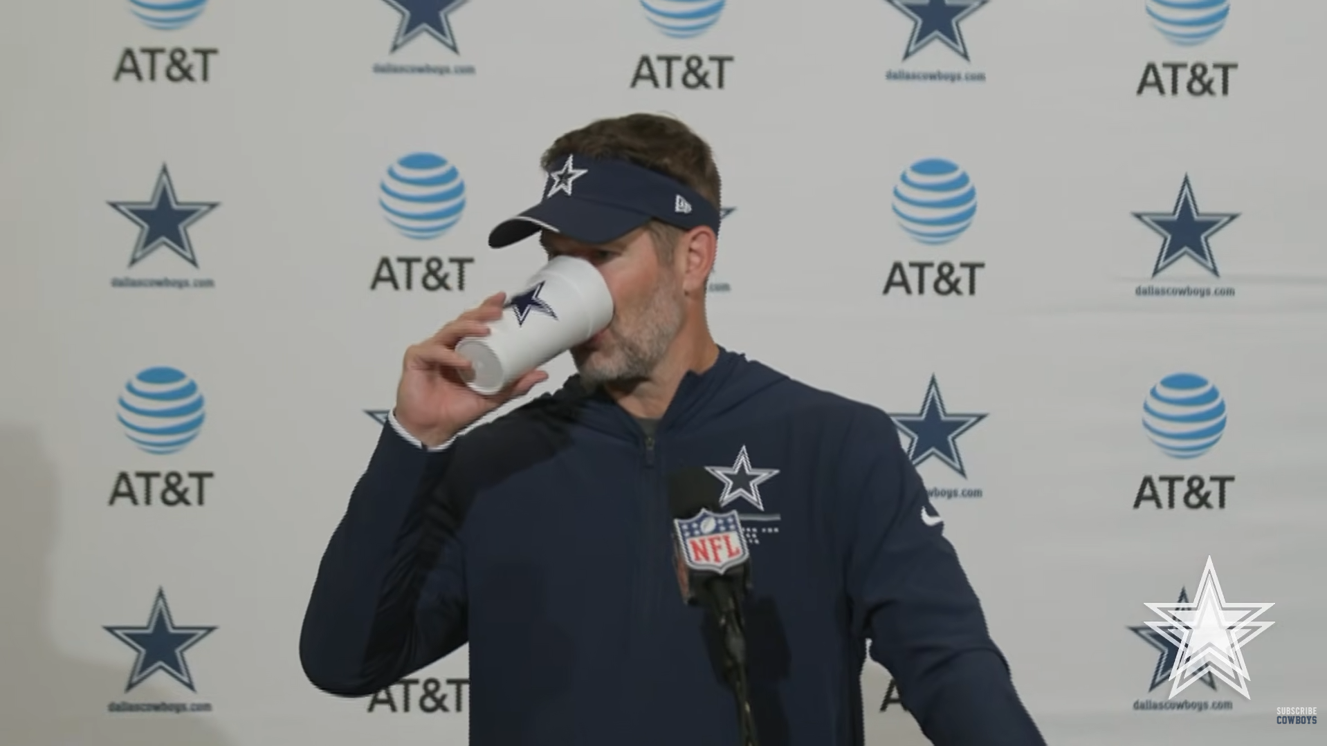 Dallas Cowboys head coach Brian Schottenheimer talks to reporters postgame following win over Philadelphia Eagles in Week 7.